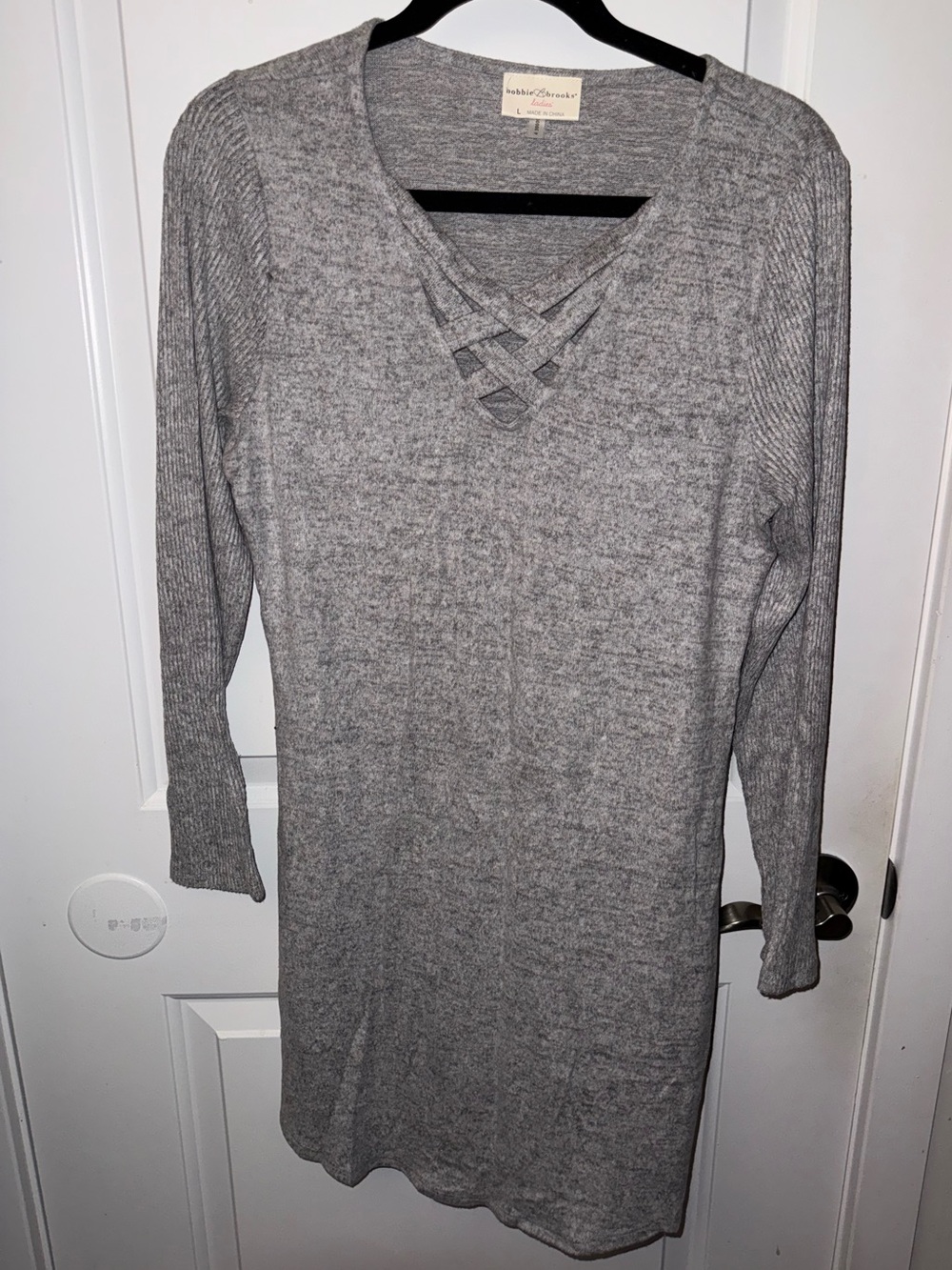 🔥5/$25🔥Bobbie Brooks Gray Long Sleeve Knit Dress Crisscross VNeck Preowned Large